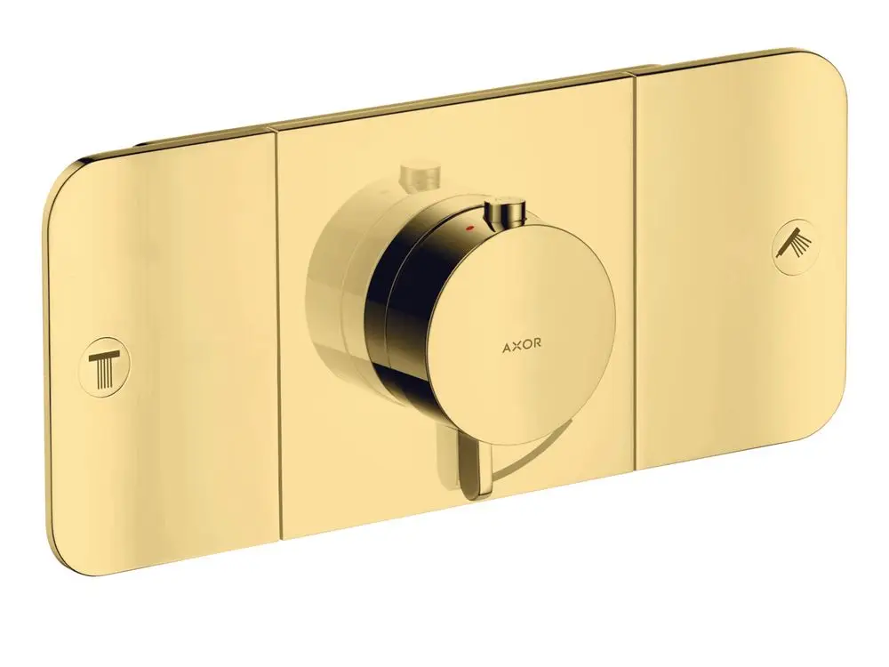 Thermostatmodul mit runder Steuerung, kombiniert mit zwei Schaltern, in glänzendem Goldfinish. Hersteller ist AXOR.